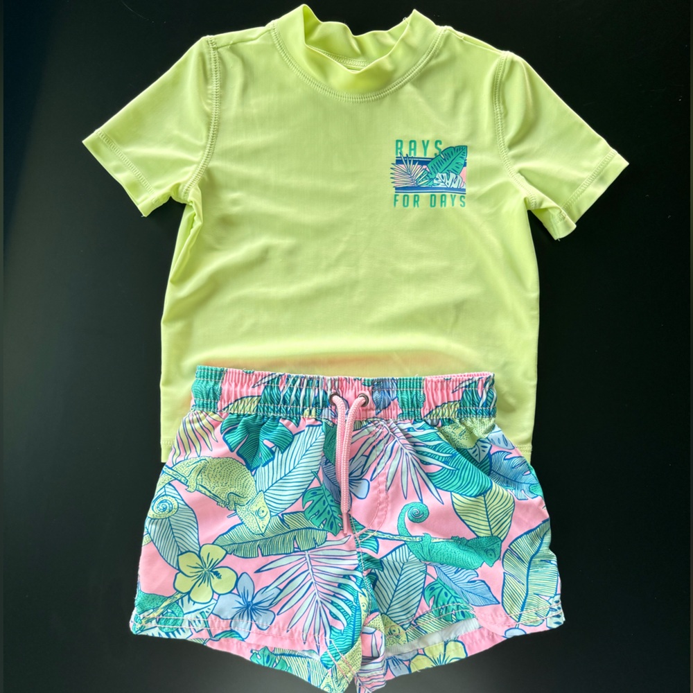 Carter’s Pink and Yellow Rash Guard + Swim Trunks || Vibrant Pattern